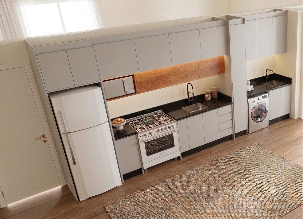 Cozinha linear com lavanderia executada